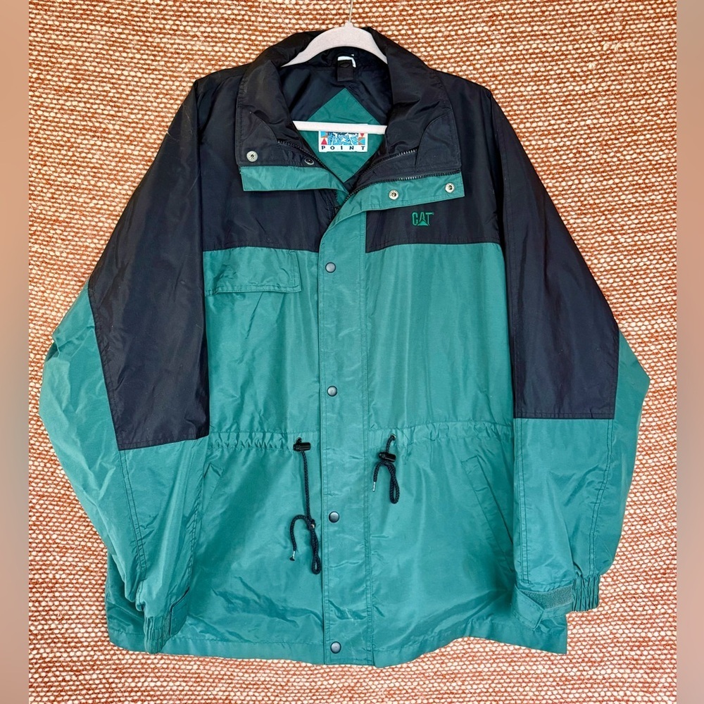 Vintage Teal And Black Caterpillar Windbreaker